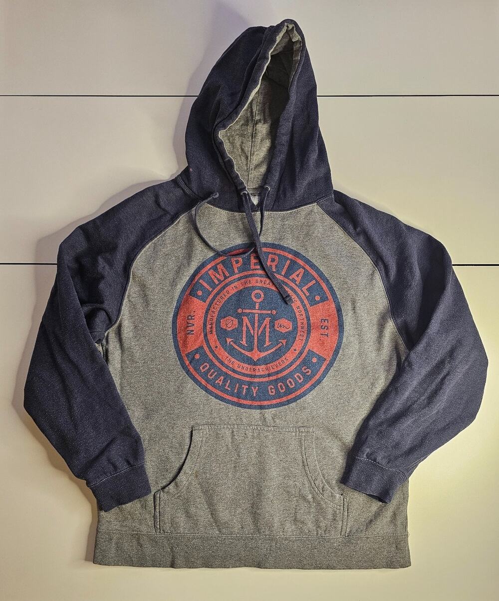 Imperial Motion Mens Large Hoodie Gray Navy Graphic Pullover Skate Streetwear